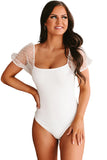U Neck Swiss Dot Mesh Splicing Sleeve Bodysuit
