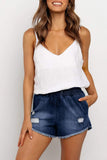 Elastic Waist Distressed Raw Hem Denim Shorts