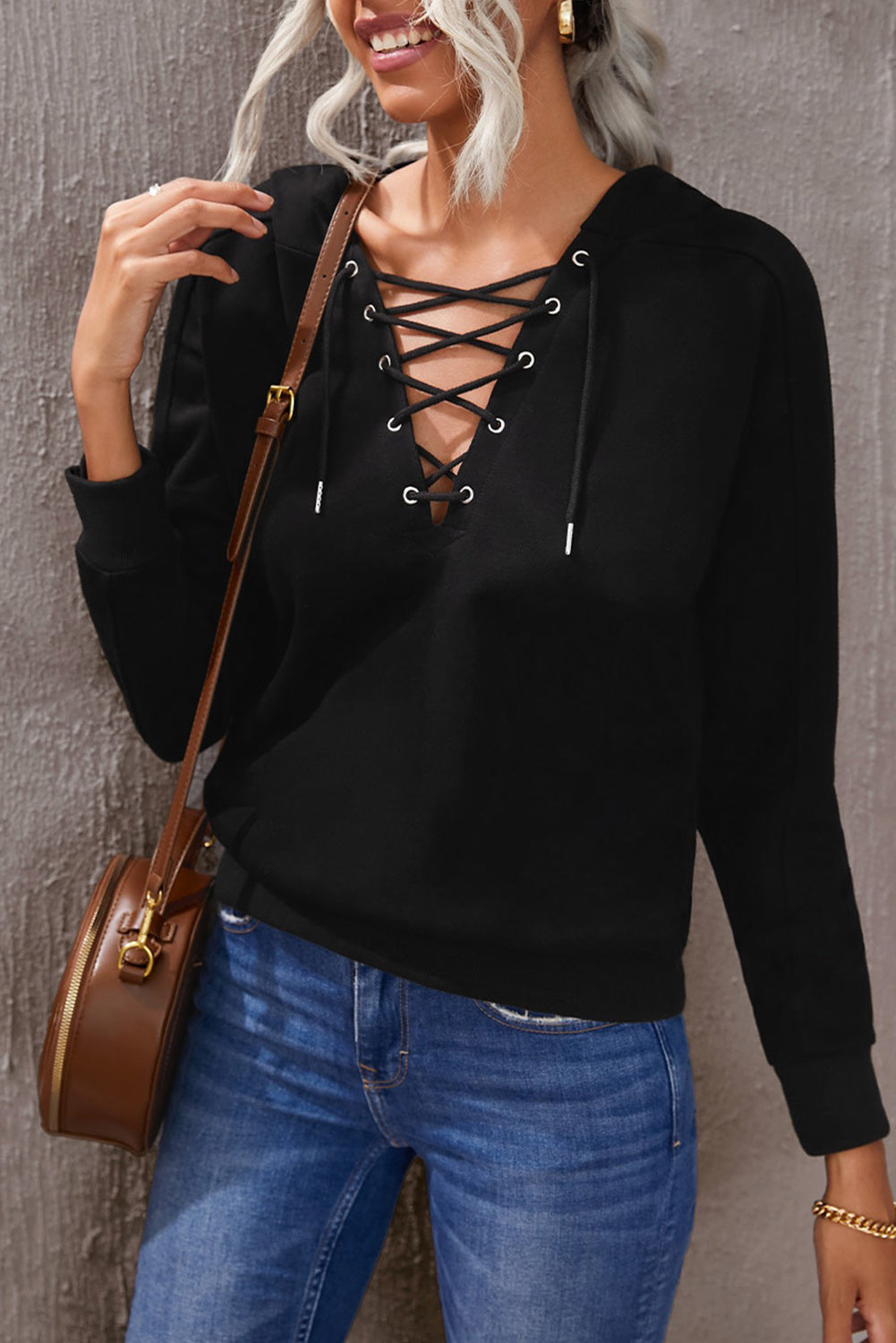 Casual Solid Color Lace-up Hoodie