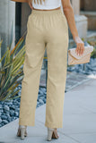 Khaki Drawstring Elastic Waist Pockets Long Straight Legs Pants