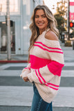 Pink Striped Cold Shoulder Knit Sweater