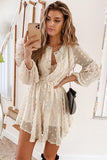 Beige Swiss Dot Buttoned Drawstring Long Puff Sleeve Shirt Dress