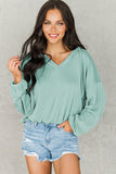 Green Loose Fit Ribbed V Neck Hoodie