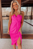 Strapless Ruched Wrapped Slit Midi Dress