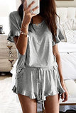 Short Sleeve Drawstring Ruffle Trim Lounge Set