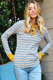Striped Knit Button Neck Long Sleeve Top