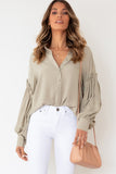 Gray Ruffled Patchwork Bubble Sleeve Loose Shirt