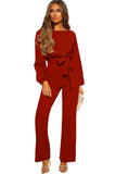Red Boat Neck Bubble Sleeve Straight Legs Jumpsuit with Belt Tie