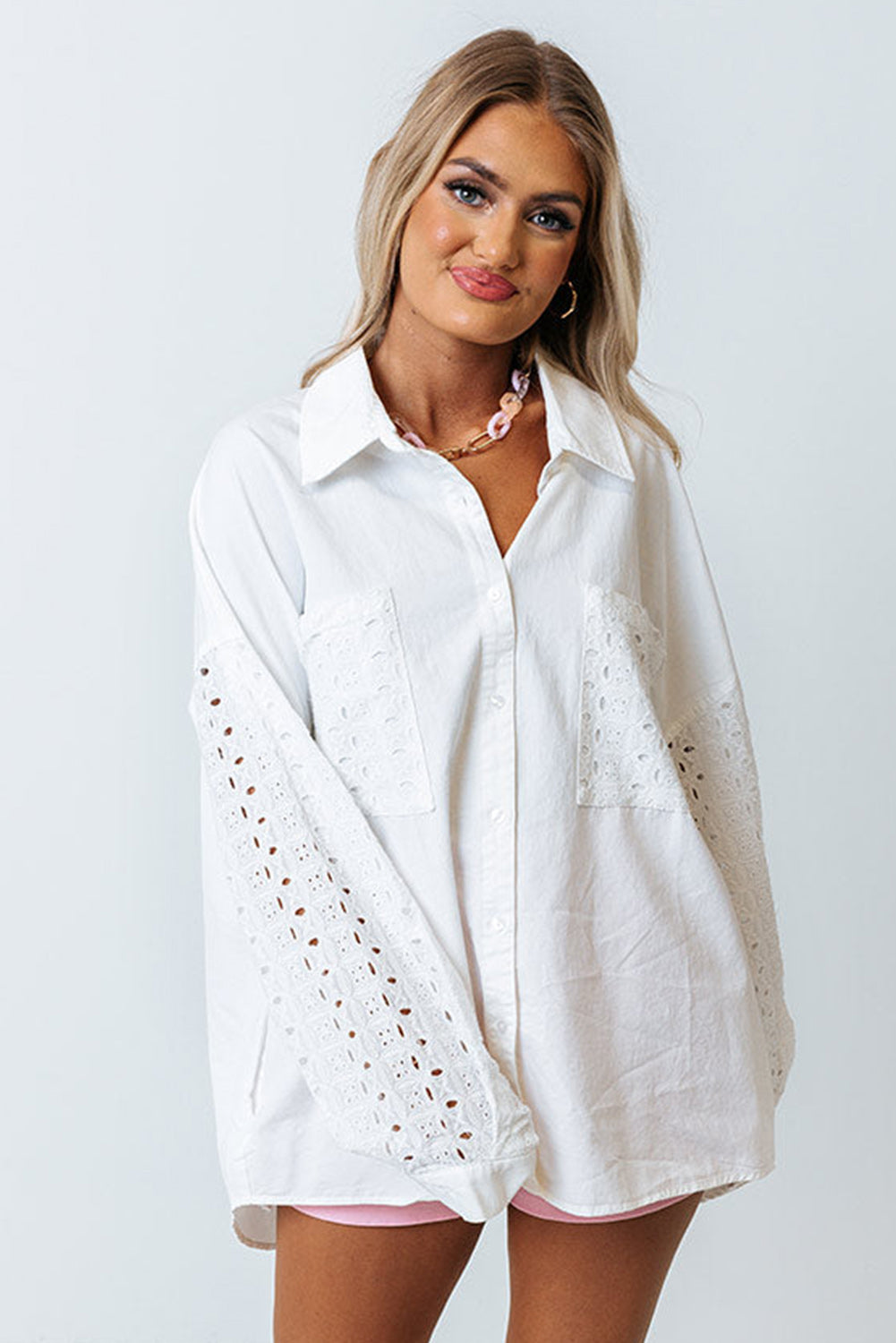 Eyelet Detail Oversize Shirt with Chest Pockets