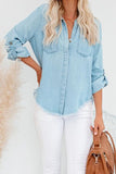 Roll up Long Sleeves Frayed Hem Denim Shirt