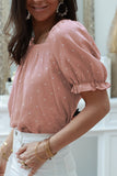 Pink Square Neck Dotted Print Puff Sleeve Blouse with Tie Back