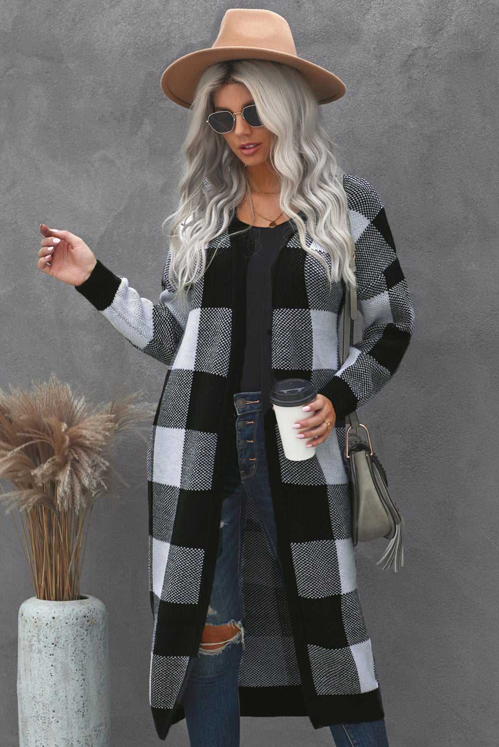 Board Games Pocketed Checkered Cardigan