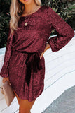 Wine Red Loose Long Sleeve Sequin Dress with Sash