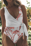 Self Tie Straps Floral Deep V Wrap One Piece Swimsuit