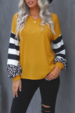 V Neck Leopard Stripe Splice Lantern Sleeve Top