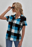 Zipped V Neck Plaid Short Sleeve Blouse
