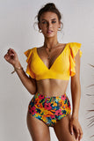 Floral Ruffled Hem High Waist Bikini Set