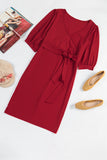 Plus Size Puff Sleeve Wrap V Neck Midi Dress