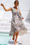 Multicolor Boho Floral Print Asymmetric Hem High Waist Long Dress