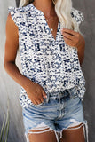 Ruffled Cap Sleeve Printed Split Neck Tank Top