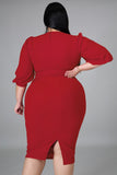 Plus Size Puff Sleeve Wrap V Neck Midi Dress