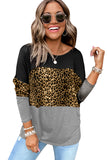 Burgundy Colorblock Leopard Patchwork Long Sleeve Top