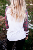 Plaid Criss Cross V Neck Waffle Knit Long Sleeve Top