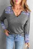 Aztec Patch Button V Neck Blouse