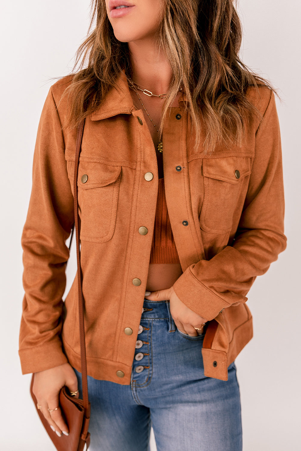 Brown Snap Button Flap Pocket Suede Jacket