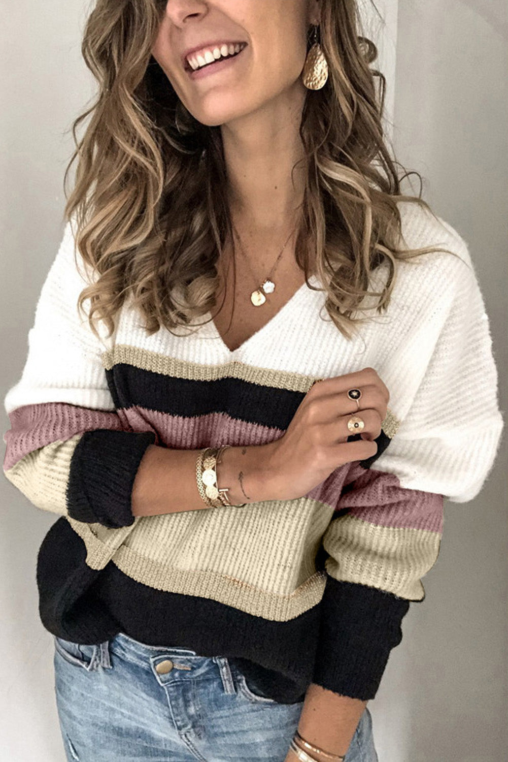 Khaki Colorblock V Neck Ribbed Knitted Sweater