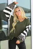 V Neck Leopard Stripe Splice Lantern Sleeve Top