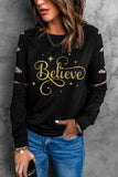 Believe Glitter Print Leopard Patchwork Pullover Sweatshirt