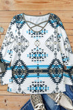 White Crisscross Neck Western Aztec Print Long Sleeve Top
