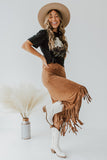 Tasseled Hemline Suede Midi Skirt