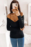 V Neck Ribbed Textured Pleated Top with Buttoned Long Sleeves