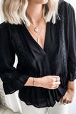 Lace Ruffed 3/4 Sleeve V Neck Shirt