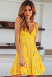Spaghetti Straps V Neck Lace Bodice Ruffled Mini Dress