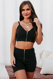 Black Ribbed Knit Zip-up Crop Top and High Waist Shorts Two Piece Set