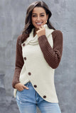 Button Turtle Cowl Neck Asymmetric Hem Wrap Pullover Sweater