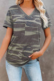 Camouflage Print V Neck Tee with Pocket
