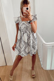 Square Neck Flutter Sleeve Bohemian Print Mini Dress