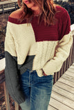 Crew Neck Contrast Color Block Sweater