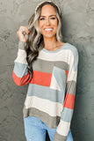 Striped Colorblock Ribbed Knit Top with Pocket