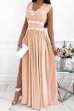 Crochet V Neck Sleeveless Ruched High Waist Maxi Dress