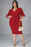 Plus Size Puff Sleeve Wrap V Neck Midi Dress
