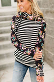 Striped Floral Print Long Sleeve Zipper Hoodie