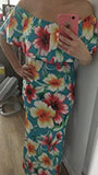 Turquoise Roses Print Off-the-shoulder Maxi Dress