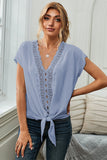V Neck Lace Patchwork Tee with Knot