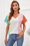 Multicolor Colorblock V Neck Short Sleeve Top