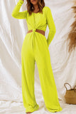 Cut Out Knotted Long Sleeve Wide Leg Jumpsuit